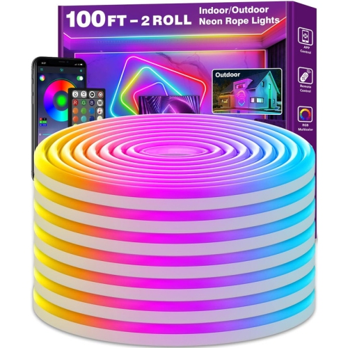 OLLNY DECOR LIGHTS  Ollny Decor Led Neon Rope Lights 100 Ft, Control \w App/remote, Ip65 Outdoor RGB Neon Lights Waterproof, Music Sync Gaming Led