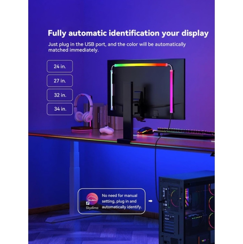 Ollny Decor 24 in Monitor LED Backlights, LED Strip Lights That Sync with Screen Color or Music, RGBIC Computer Light Bar Behind Monitor, USB