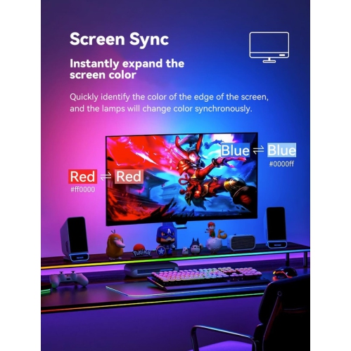 Ollny Decor 24 in Monitor LED Backlights, LED Strip Lights That Sync with Screen Color or Music, RGBIC Computer Light Bar Behind Monitor, USB