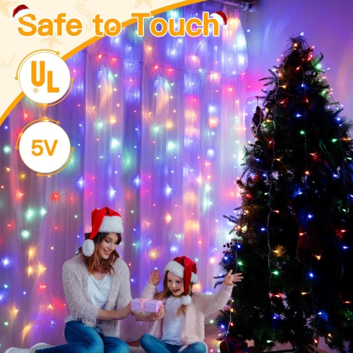 Rideaux lumineux 200LED 9.8x6.5&nbsp;pi, USB Rideaux de Noël lumières blanc chaud avec télécommande 8 modes Minuterie, jeu de lumières étanches pour