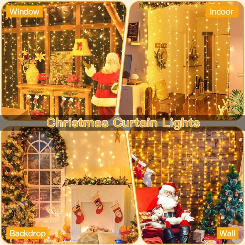 Ollny Decor Lights Curtain Lights 200LED 9.8x6.5ft, USB Christmas Curtain Lights Warm White with Remote 8 Modes Timer