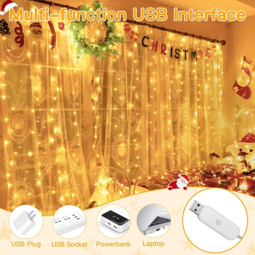 Ollny Decor Lights Curtain Lights 200LED 9.8x6.5ft, USB Christmas Curtain Lights Warm White with Remote 8 Modes Timer