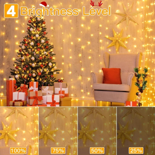 Ollny Decor Lights Curtain Lights 200LED 9.8x6.5ft, USB Christmas Curtain Lights Warm White with Remote 8 Modes Timer