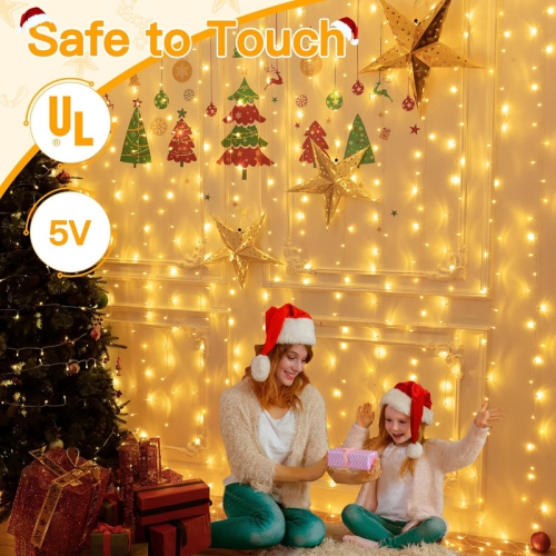 Ollny Decor Lights Curtain Lights 200LED 9.8x6.5ft, USB Christmas Curtain Lights Warm White with Remote 8 Modes Timer
