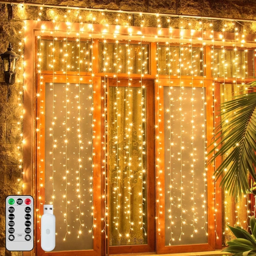 Ollny Decor Lights Curtain Lights 200LED 9.8x6.5ft, USB Christmas Curtain Lights Warm White with Remote 8 Modes Timer