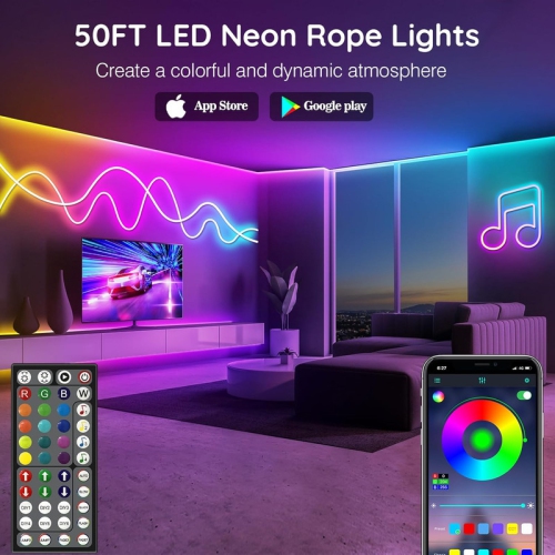 Ollny Decor Lights Led Neon Rope Lights 50Ft, Control with App/Remote, IP65 Outdoor RGB Neon Lights Waterproof, Music Sync Gaming Led Neon Strip