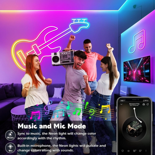 Ollny Decor Lights Led Neon Rope Lights 50Ft, Control with App/Remote, IP65 Outdoor RGB Neon Lights Waterproof, Music Sync Gaming Led Neon Strip