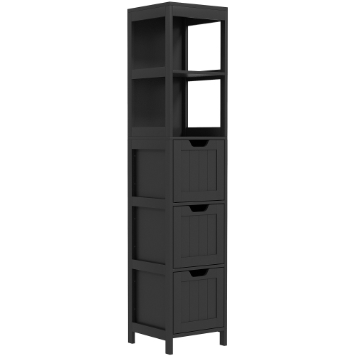 kleankin Narrow Bathroom Cabinet with 3 Drawers and 2 Tier Shelf, Tall Cupboard Freestanding Linen Tower, Black