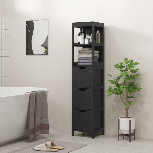 kleankin Narrow Bathroom Cabinet with 3 Drawers and 2 Tier Shelf, Tall Cupboard Freestanding Linen Tower, Black