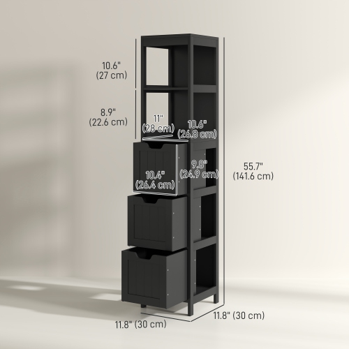 kleankin Narrow Bathroom Cabinet with 3 Drawers and 2 Tier Shelf, Tall Cupboard Freestanding Linen Tower, Black