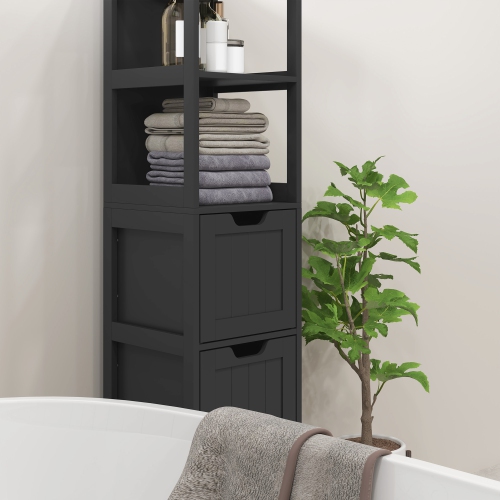 kleankin Narrow Bathroom Cabinet with 3 Drawers and 2 Tier Shelf, Tall Cupboard Freestanding Linen Tower, Black
