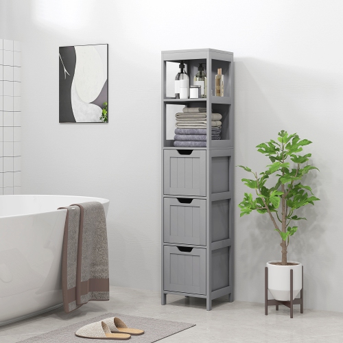 kleankin Narrow Bathroom Cabinet with 3 Drawers and 2 Tier Shelf, Tall Cupboard Freestanding Linen Tower, Grey
