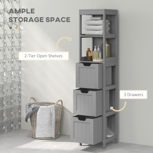kleankin Narrow Bathroom Cabinet with 3 Drawers and 2 Tier Shelf, Tall Cupboard Freestanding Linen Tower, Grey