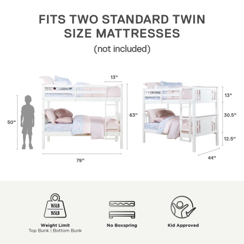 DHP Dylan Twin Over Twin Wood Bunk Bed, White