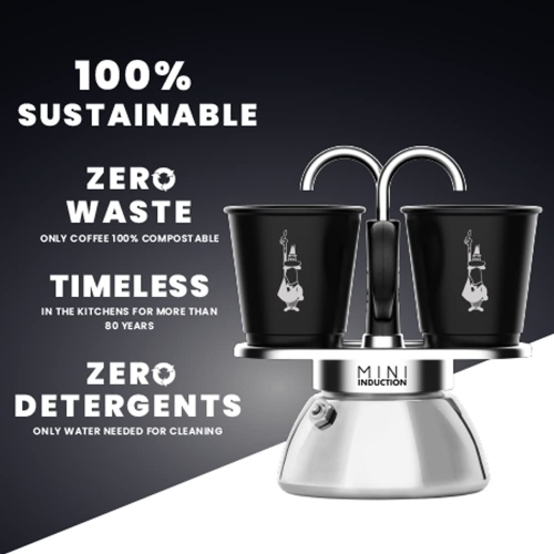 Bialetti Mini Express Induction 2-Cup Stovetop Espresso Maker with Cups, Silver/Black