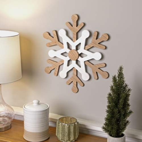 NORTHLIGHT  Natural Wooden Snowflake Christmas Wall Decoration - 17.75 - Beige And In White