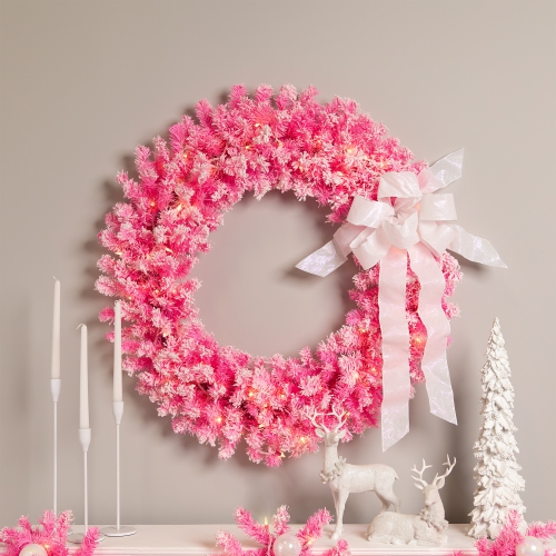 NORTHLIGHT  Pre-Lit Artificial Flocked Pine Christmas Wreath - 36" - - Clear Lights In Pink