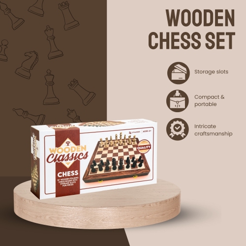 Jeu d'échecs pliant en bois Tradeopia de 12 po – Jeu d'échecs de qualité supérieure avec fentes de rangement et pièces d'échecs | Idéal pour les