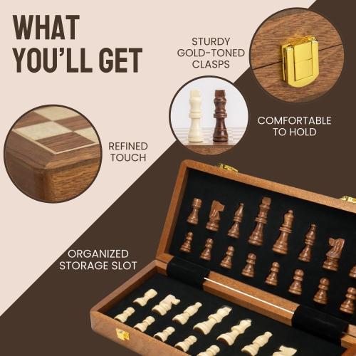 Jeu d'échecs pliant en bois Tradeopia de 12 po – Jeu d'échecs de qualité supérieure avec fentes de rangement et pièces d'échecs | Idéal pour les
