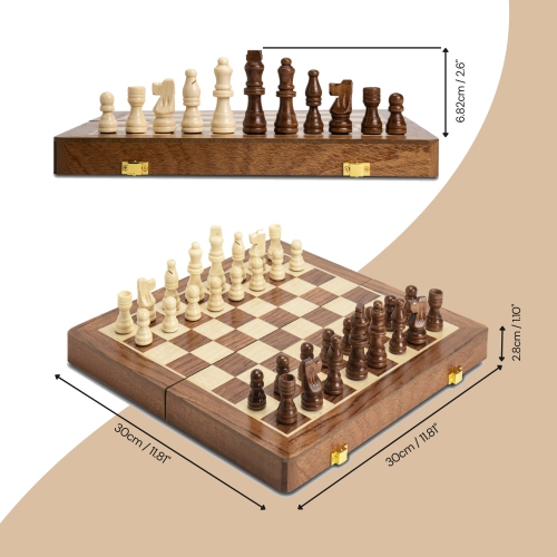 Jeu d'échecs pliant en bois Tradeopia de 12 po – Jeu d'échecs de qualité supérieure avec fentes de rangement et pièces d'échecs | Idéal pour les