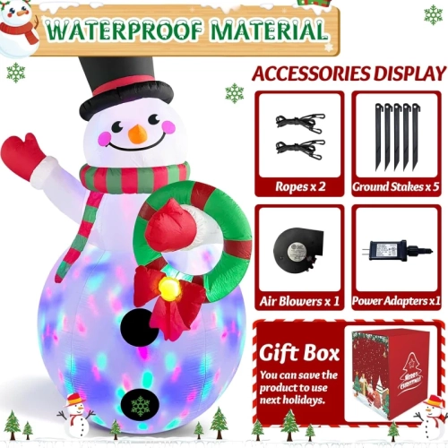 Bonhomme de neige gonflable de Noël de 8 pi avec DEL rotatives – Décoration extérieure de jardin des Fêtes