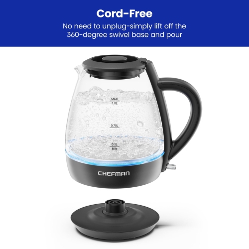 Bouilloire électrique en verre 1 L de Chefman avec voyant DEL, arrêt automatique - Noir
