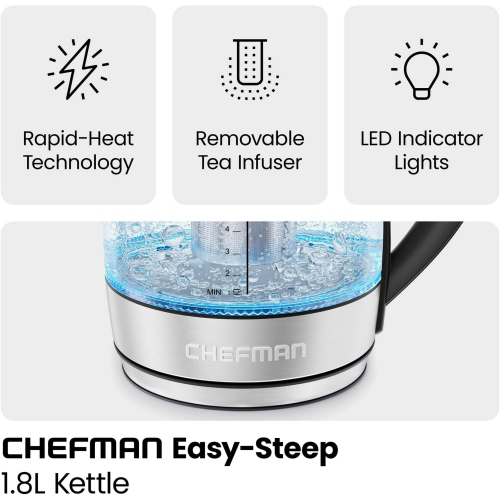Chefman 1.8L Glass Electric Kettle, Fast Boiling W/ LED Light, Auto Shutoff, Removable Tea Infuser - Stainless Steel