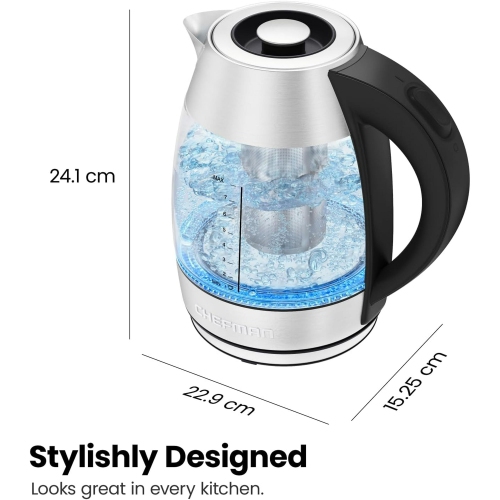 Chefman 1.8L Glass Electric Kettle, Fast Boiling W/ LED Light, Auto Shutoff, Removable Tea Infuser - Stainless Steel