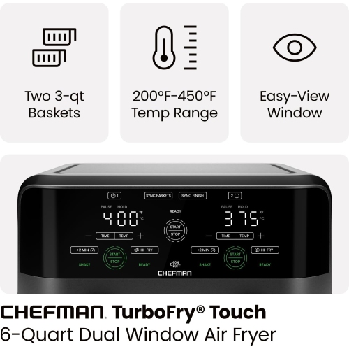 Chefman Dual Basket Digital Air Fryer Oven w/ Easy View Windows, 2 Independent 3 Qt Baskets - Black