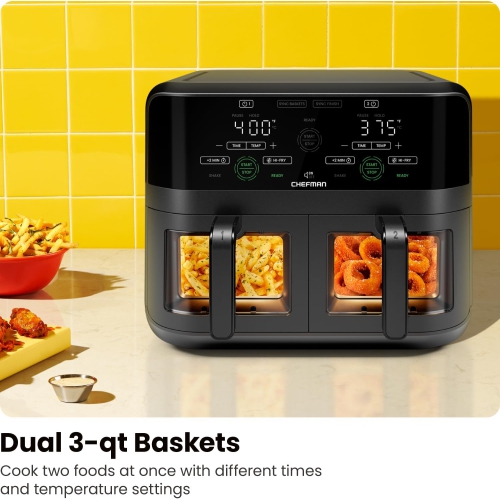 Chefman Dual Basket Digital Air Fryer Oven w/ Easy View Windows, 2 Independent 3 Qt Baskets - Black