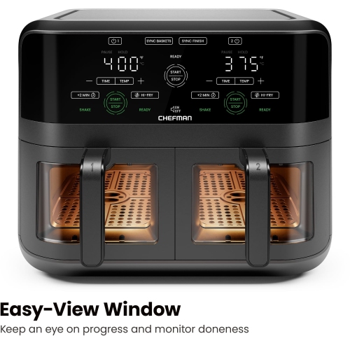 Chefman Dual Basket Digital Air Fryer Oven w/ Easy View Windows, 2 Independent 3 Qt Baskets - Black