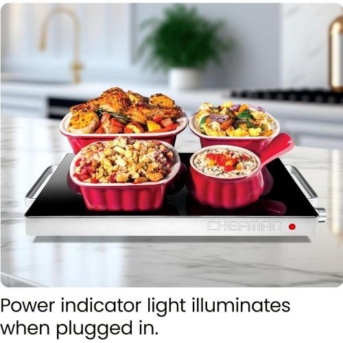 Chefman Compact 15"x12" Glass Top Electric Warming Tray with Adjustable Temperature Control - Stainless Steel