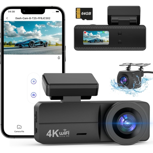 4K Front and Rear Dash Cam with WiFi, including a 64GB card, 4K+1080P resolution, and a 1.47" screen. Features an app for easy access, G-Sensor, and