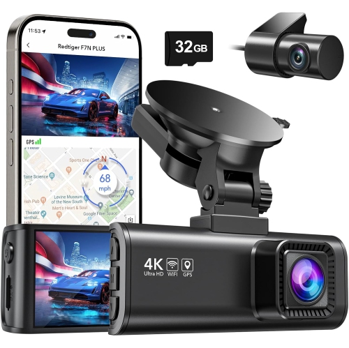 4K/2.5K Full HD Dash Camera for Cars with Front and Rear Recording, 32GB Card, Built-in Wi-Fi & GPS, 3.18” IPS Screen, Night Vision, 170° Wide Angle,