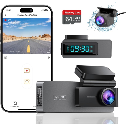 4K+1080P Front and Rear Dash Cam with Free 64GB Card, Built-in WiFi, night vision, and 24-hour parking monitor; dual dash cameras for cars featuring