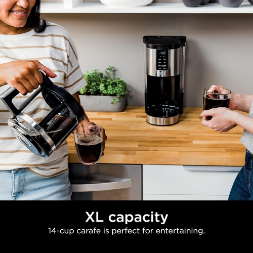 Programmable XL 14-Cup Coffee Maker Model DCM200C, Featuring a 14-Cup Glass Carafe and Permanent Filter, in Stainless Steel and Silver.