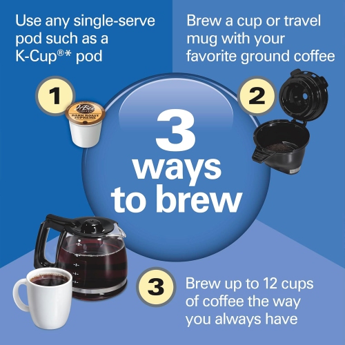 FlexBrew Trio 2-Way Coffee Maker, compatible with K-Cup pods or ground coffee, offers both single serve and full 12-cup pot brewing options in sleek