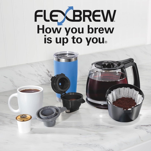 FlexBrew Trio 2-Way Coffee Maker, compatible with K-Cup pods or ground coffee, offers both single serve and full 12-cup pot brewing options in sleek