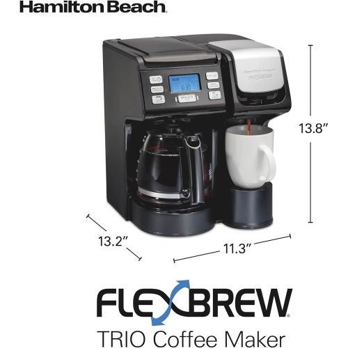 FlexBrew Trio 2-Way Coffee Maker, compatible with K-Cup pods or ground coffee, offers both single serve and full 12-cup pot brewing options in sleek
