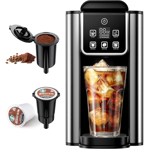 Hot & Iced Coffee Maker with Bold Setting, Single Serve Coffee Machine Compatible with K-Cups and Grounds, 6-14 oz Brew Sizes, 50 oz Removable Water