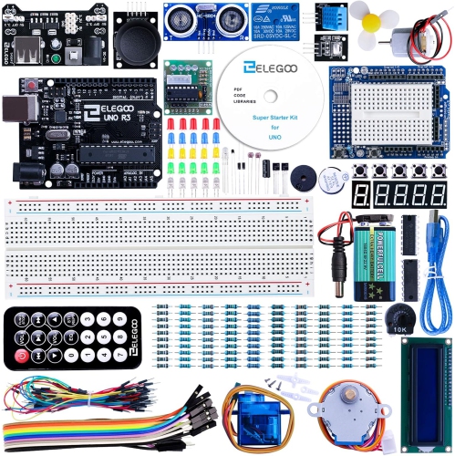 UNO Project Super Starter Kit for Arduino featuring a tutorial, 5V relay, UNO R3 board, power supply module, servo motor, 9V battery with DC, prototy