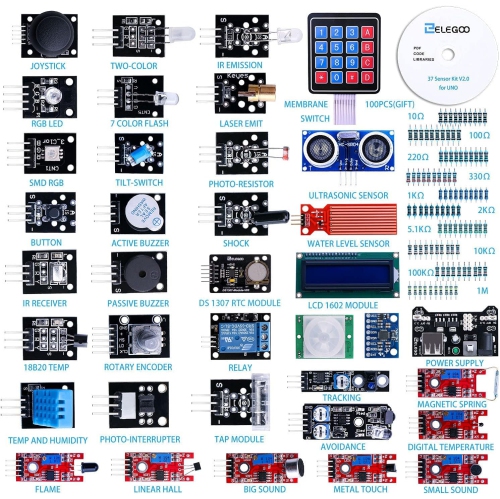 Upgraded 37-in-1 Sensor Modules Kit, featuring tutorials and compatibility with Arduino IDE, including UNO, R3, MEGA, and Nano models.