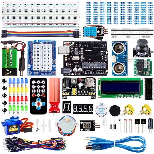 Super Starter Kit for Arduino Projects, featuring a tutorial and including components like a breadboard, power supply, jumper wires, resistors, LCD 1