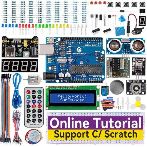 Trousse de démarrage complète pour Arduino UNO R3 compatible avec Arduino IDE et le codage Scratch, ainsi que 42 tutoriels en ligne complets inclus.