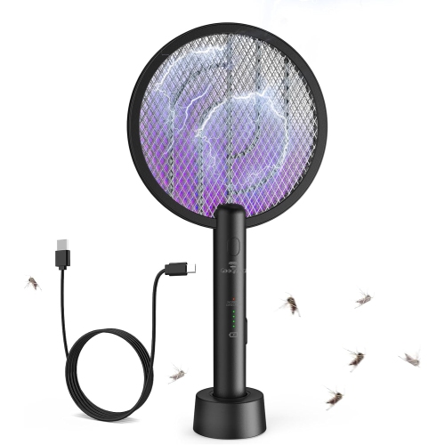 2-in-1 electric bug zapper racket featuring USB rechargeable capability, delivering 4000V for indoor and outdoor use. Equipped with a three-layer saf