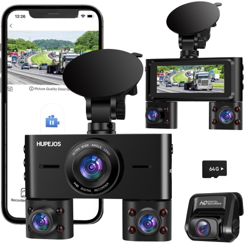 4-Channel Dash Cam with Front & Rear Cameras,FHD 1080P x4, 2K Front + 1080P x2 for inside recording, voice control, WDR night vision, a 64GB Sdcard i