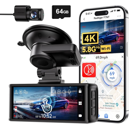 4K Dash Cam with Front & Rear Cameras, built-in 5.8GHz WiFi and GPS, 3.18" touch screen, voice control, UHD 2160P night vision, WDR, parking monitor,