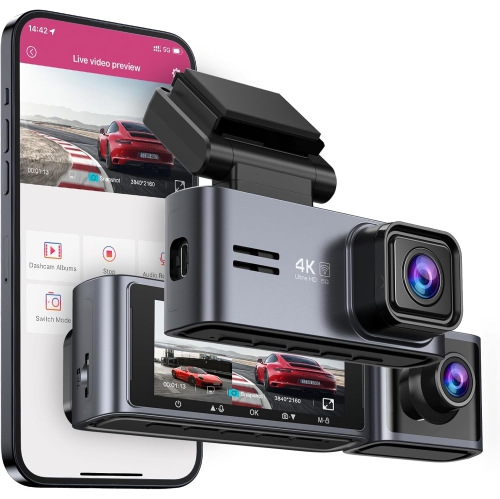 Dash Cam with 5G WiFi and GPS, front and inside recording in 4K/2K/1080P+1080P, 64GB Sdcard included, 3.18" LCD screen, IR super night vision, WDR, G