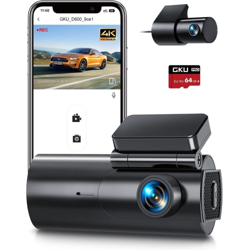 4K/2.5K Dual Dash Cam for Cars, front & rear cameras, includes a 64GB SDcard, WiFi & app control, night vision, parking mode, G-Sensor, loop recordin