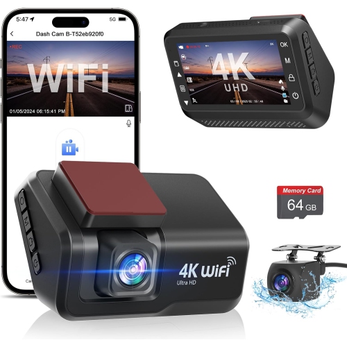 4K+1080P Dual Dash Cam for cars with WiFi and APP, 3” IPS screen, night vision, and a free 64GB card. This front and rear camera includes a 24/7 park